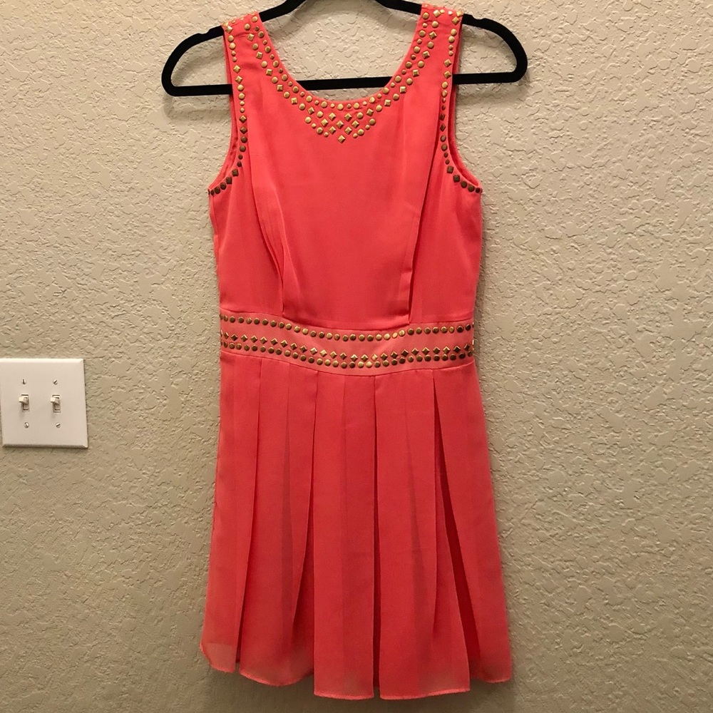 Vibrant Coral Gold Studded Pleated Midi Dress size Small